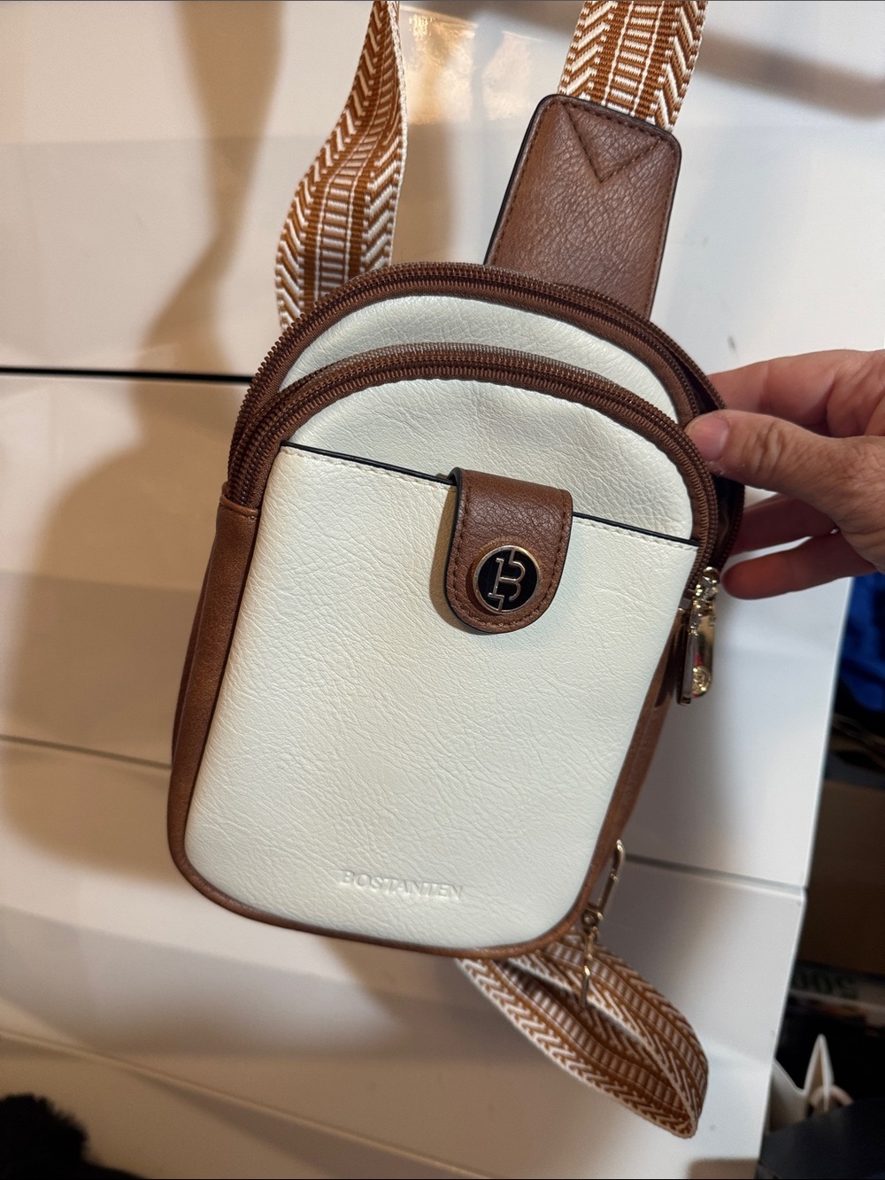 Two-Tone White and Brown Crossbody Sling Bag with Logo Accent